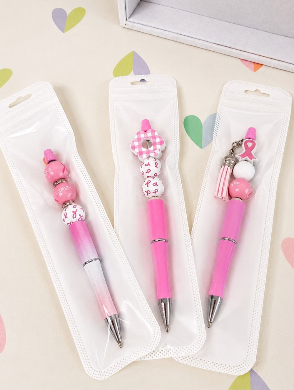 Breast Cancer Awareness Beaded Charm Pen Set of 3 Handmade PINK